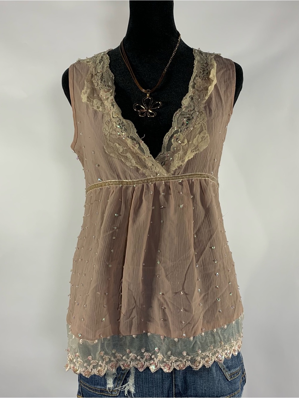 Vintage Y2K Wet Seal Beaded Lace Babydoll Top S Fairycore